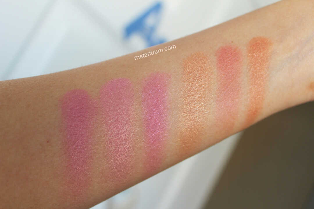 Swatches of Makeup revolution's Blushing heart - With Flash (Blushing Hearts on left and Peachy Keen on right)