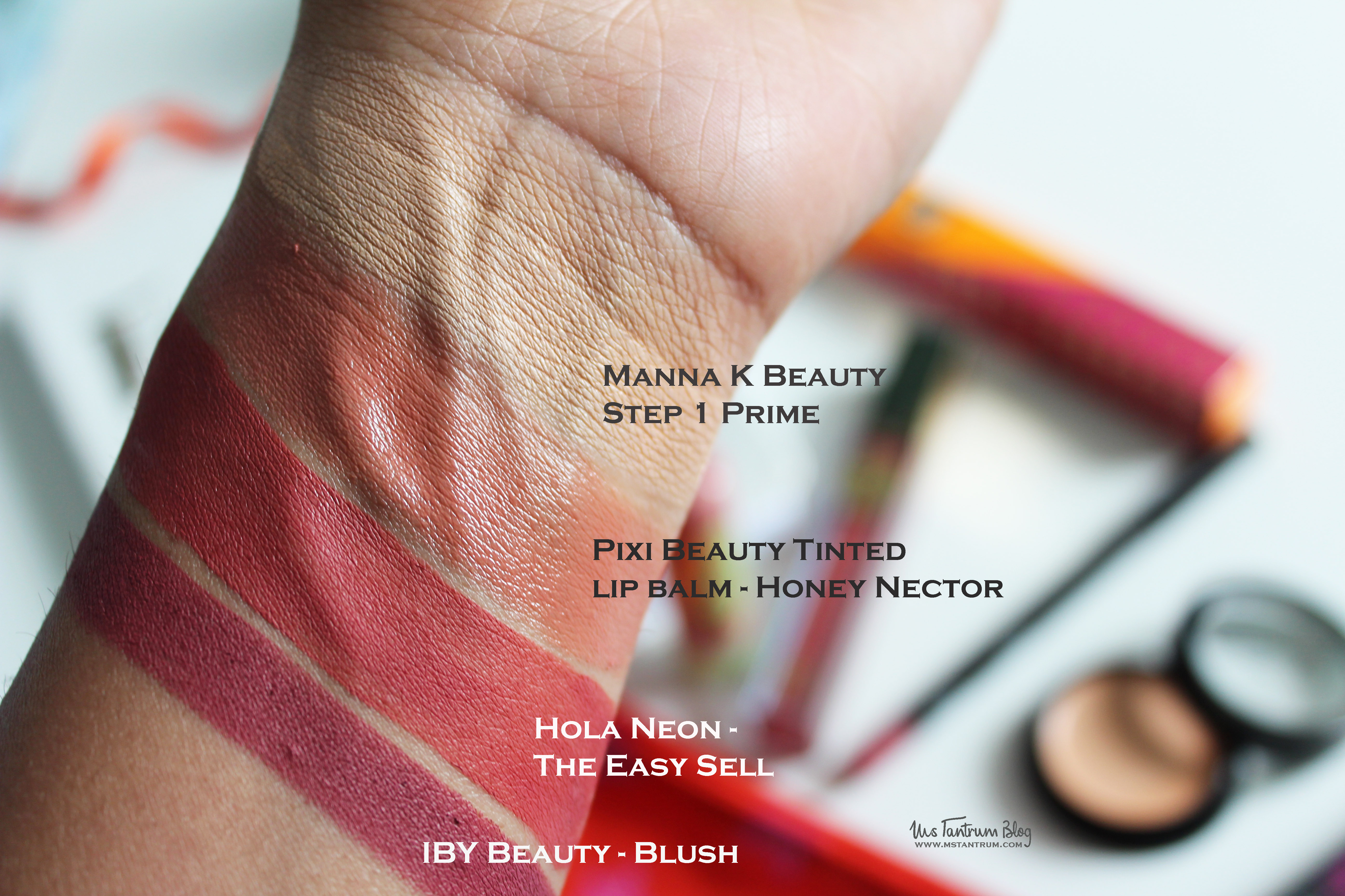 Lip Monthly swatches - Manna K step 1 prime, pixi beauty tinted lip balm - honey nectar, hola neon - The Easy Sell, Iby Beauty - Blush