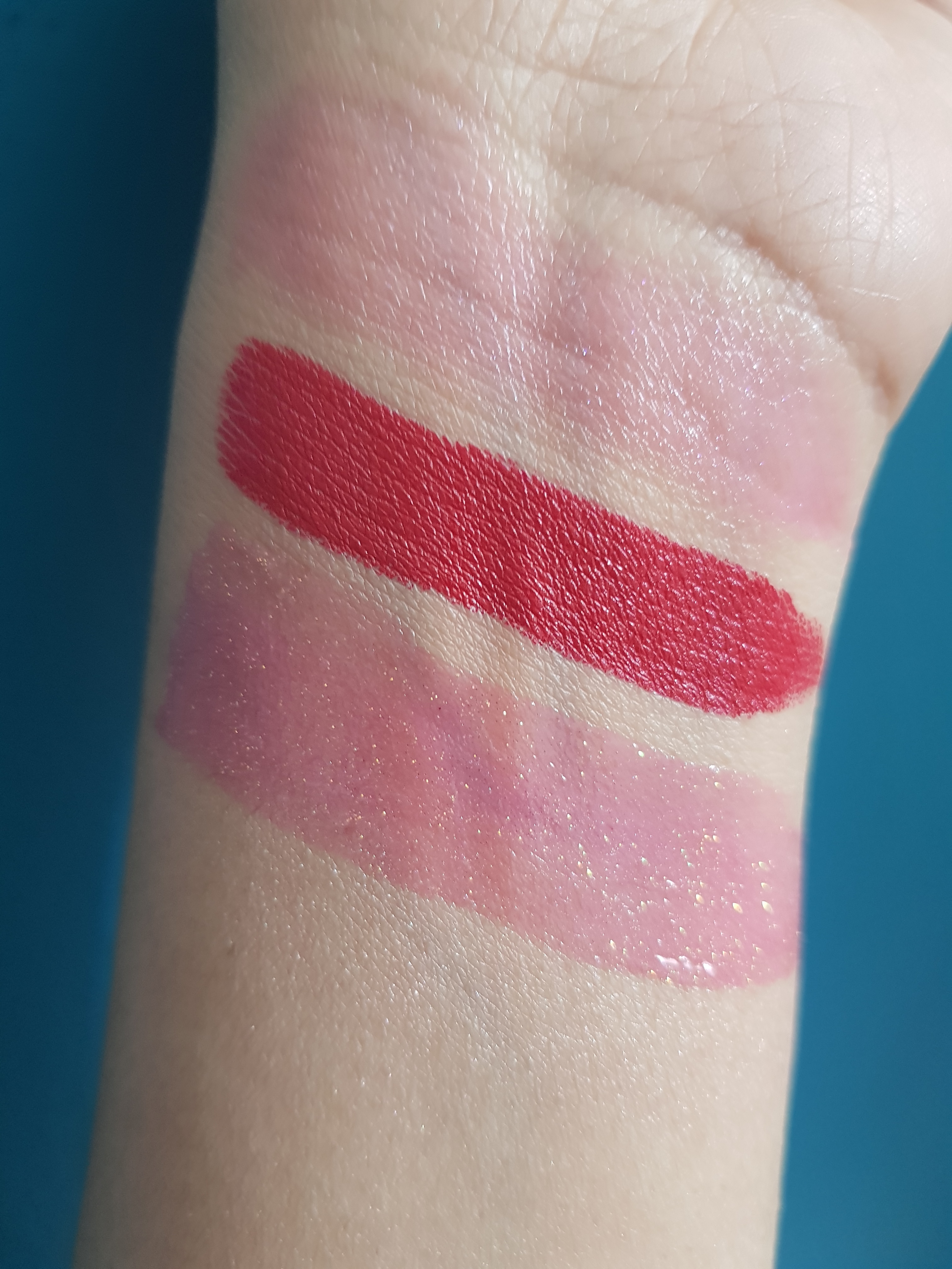 Winky Lux swatches (top to bottom): Glimmer Balm, Lip Velour in Heart, Disco Shine gloss - Hustle - Ms Tantrum Blog